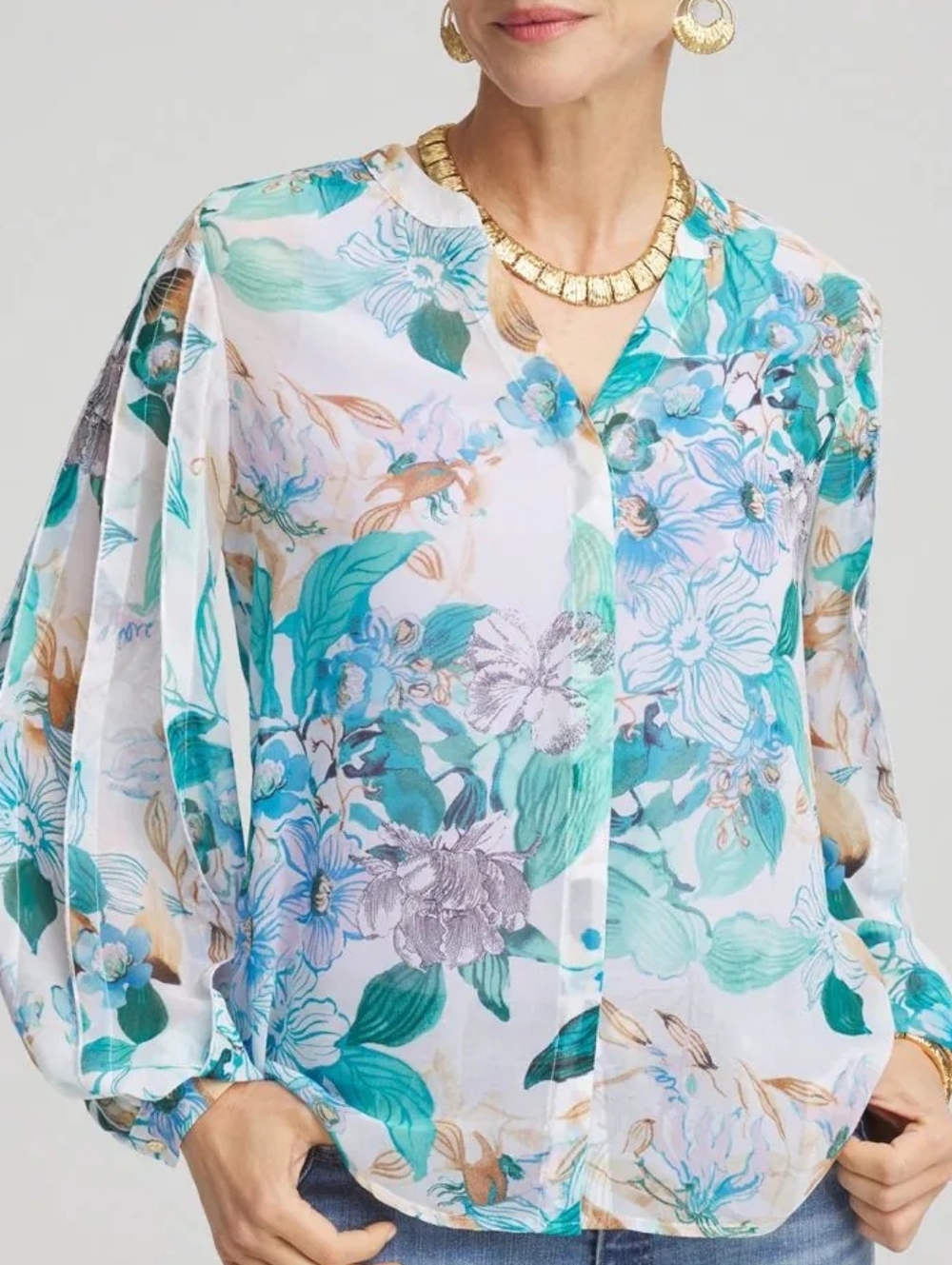 Chico's Floral Sheer Button-Blouse - Size 8